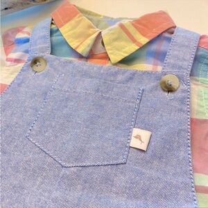 Tommy Bahama Boys’ 2-Piece Set w/Plaid Onesie and Light Blue Shortalls, Size 12M